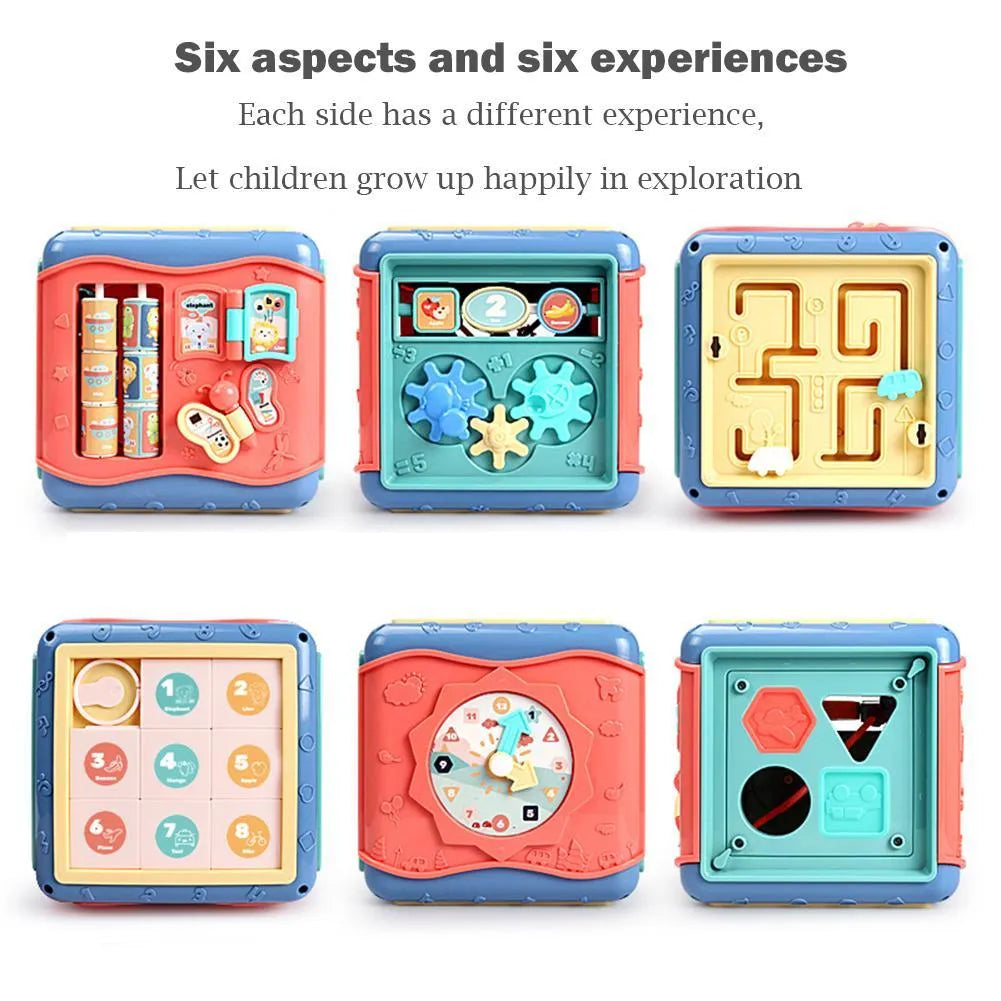 Baby hexahedron educational toy with six Montessori activity panels including bead maze and gear connections