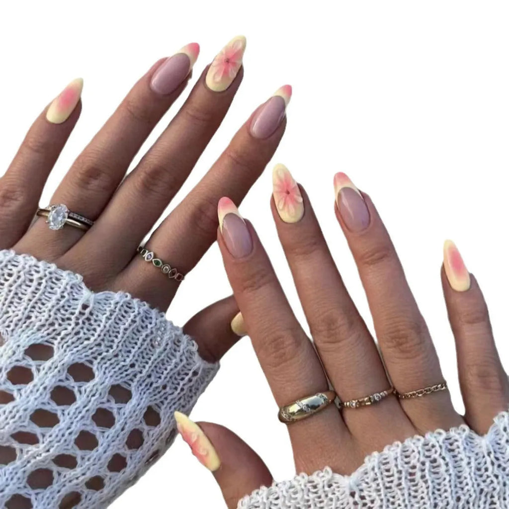 Simple fake nails set with cartoon 3D flower wear armour pieces, jelly glue, and filing strip