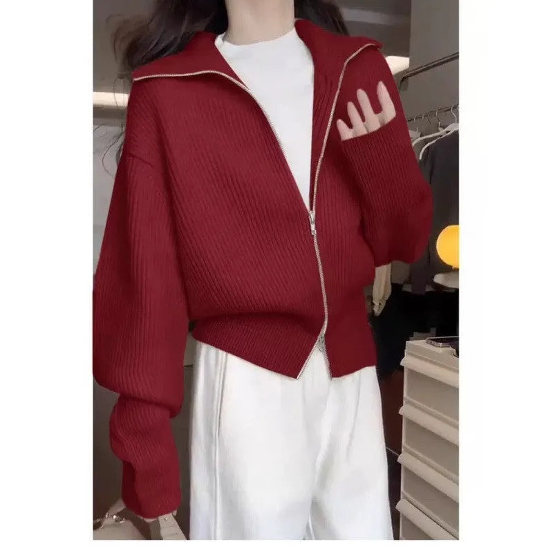 Hong Kong style double zipper knitted cardigan with floral pattern in wine red colour