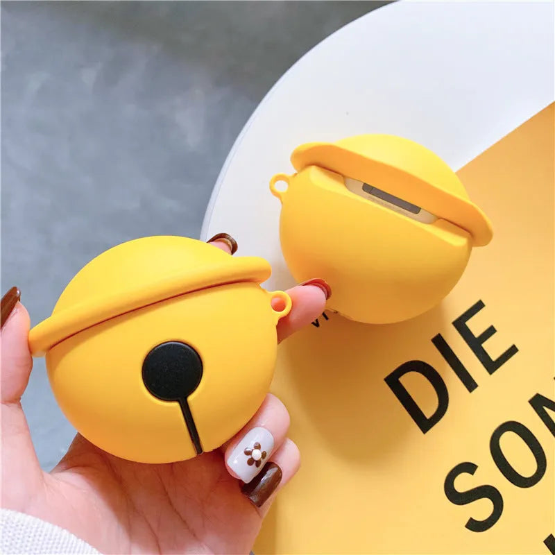Yellow silicone protective case for AirPods 1 and 2 with an attached carrying strap.