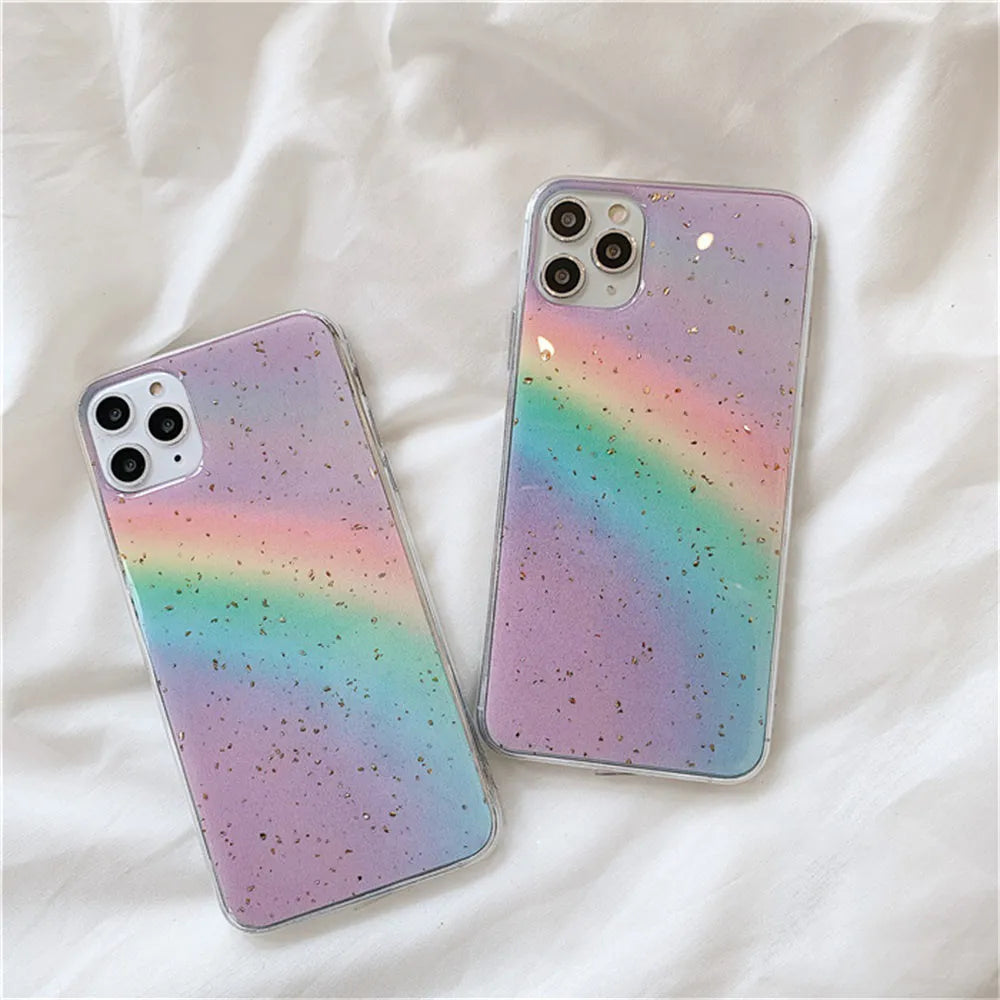 Rainbow gradient iPhone case with horizontal stripes on a white background