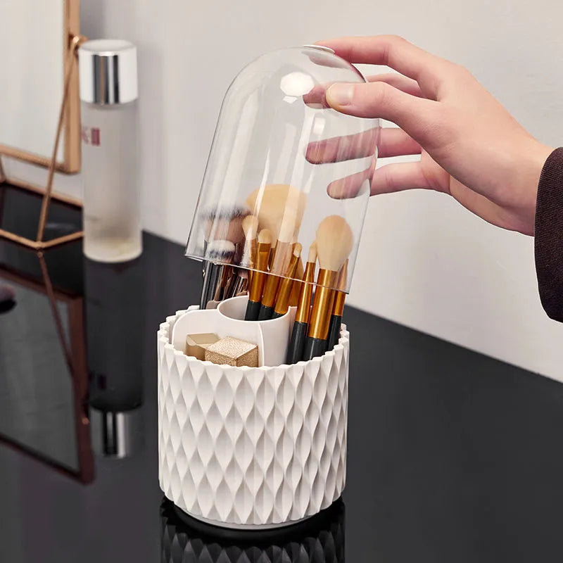 White rotating acrylic makeup brush storage holder with transparent design and dust cover