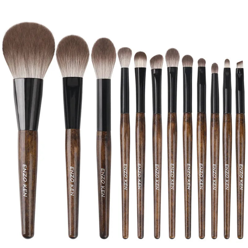 12-piece makeup brush set with wooden handles in PU storage bag