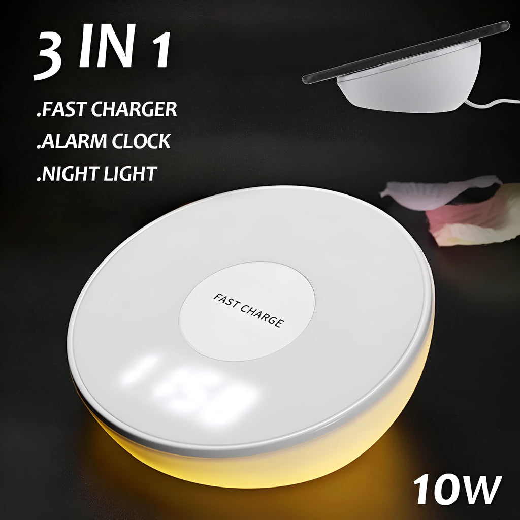 White wireless charging pad with digital clock display and three control buttons