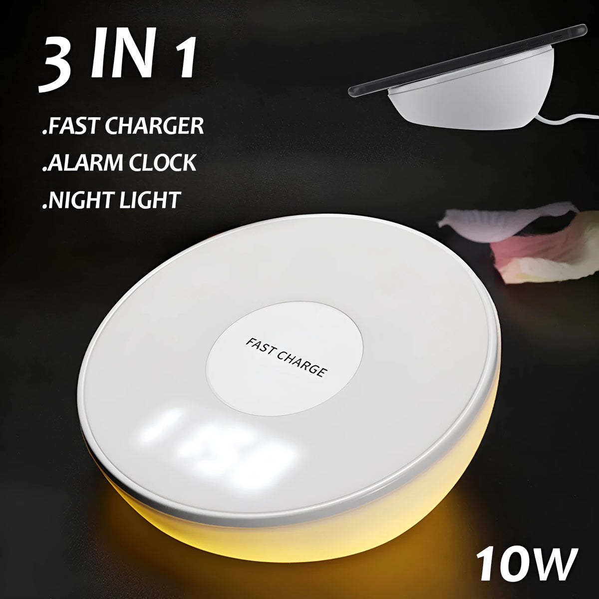 White wireless charging pad with digital clock display and three control buttons