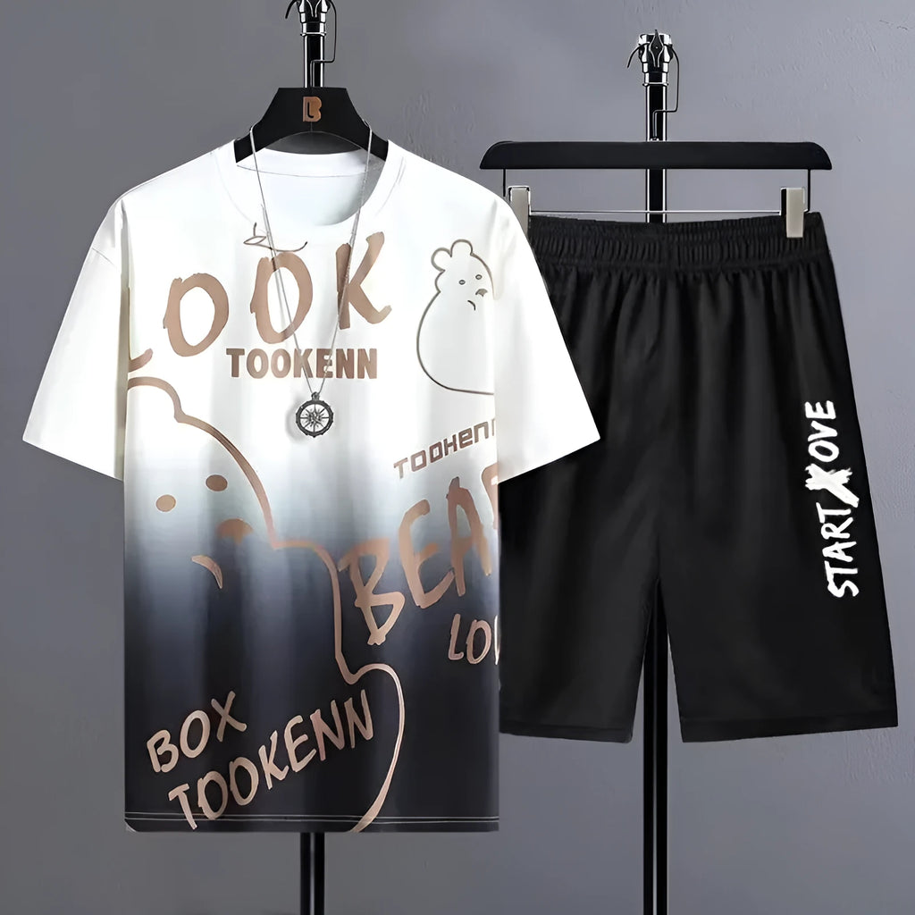 Men's light grey summer tracksuit consisting of a short sleeve t-shirt and matching shorts on a hanger.