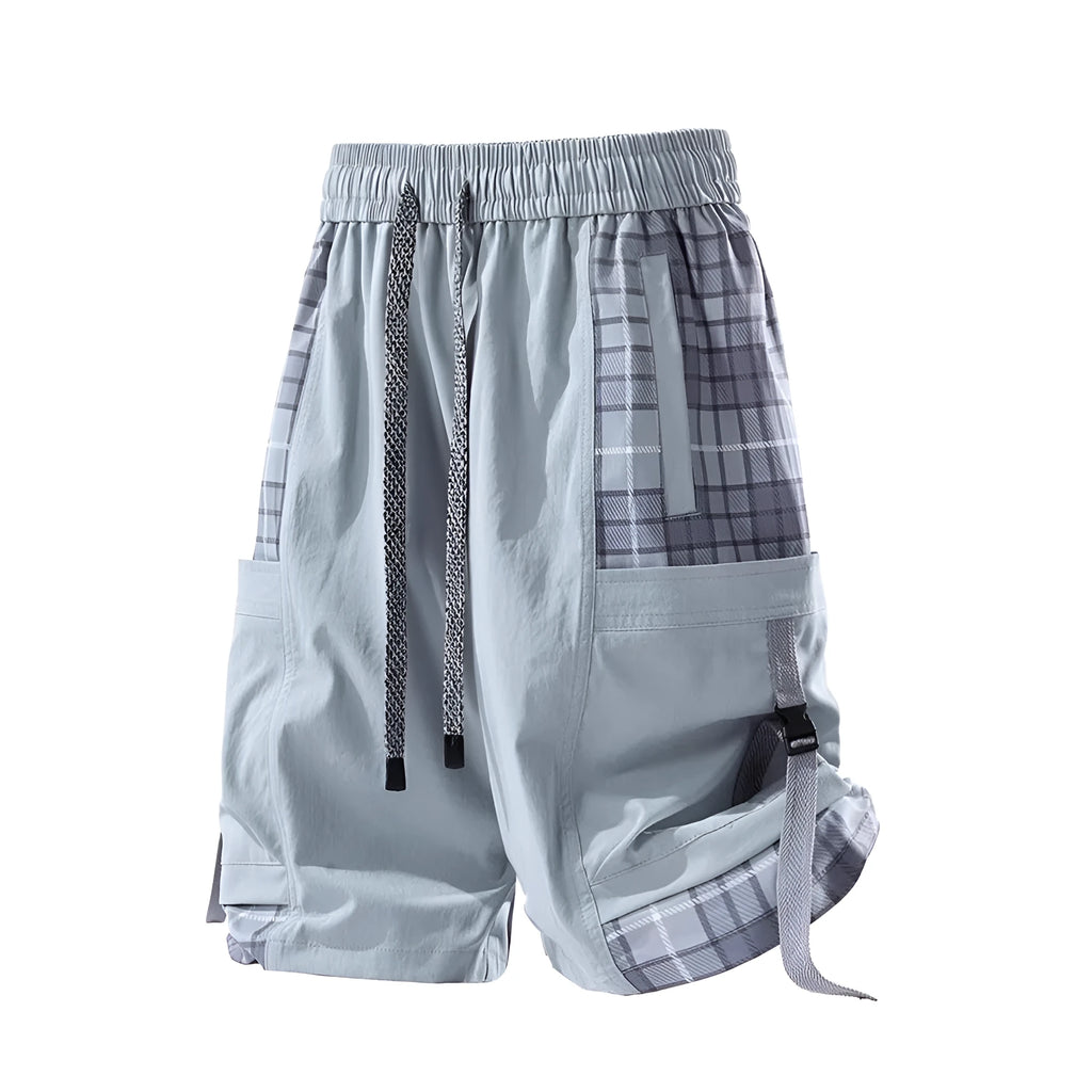 Men's loose plaid stitch cargo shorts in black, light grey, or smoky grey colours.
