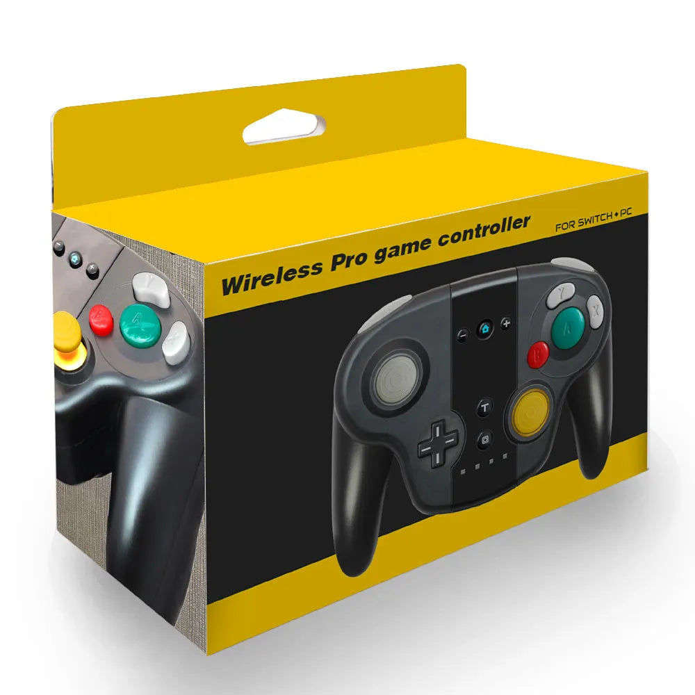 Black wireless gamepad with colourful packaging showing Switch and Windows compatibility, NFC function, and Bluetooth connectivity