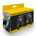 Black wireless gamepad with colourful packaging showing Switch and Windows compatibility, NFC function, and Bluetooth connectivity