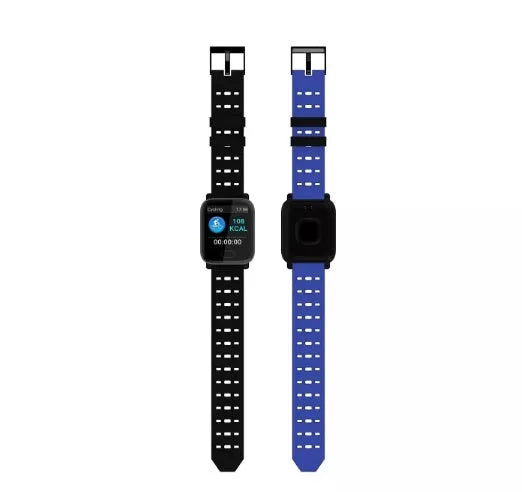 A6 smart bracelet with colour screen and silicone strap in black, blue, or orange on a wrist