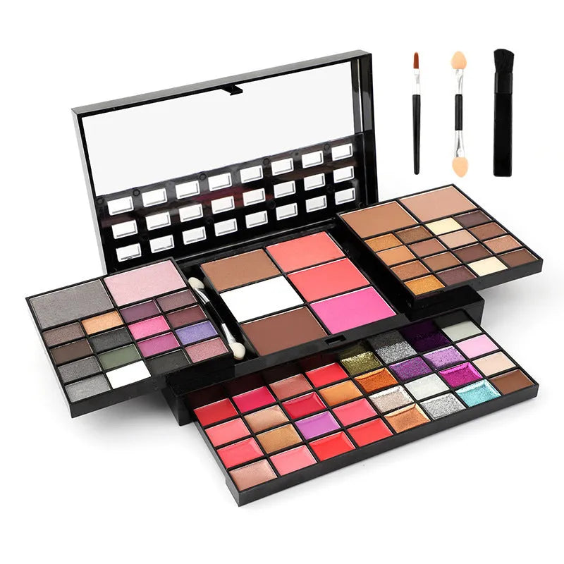 74 colour makeup combination plate with four layers, mirror, and included brushes