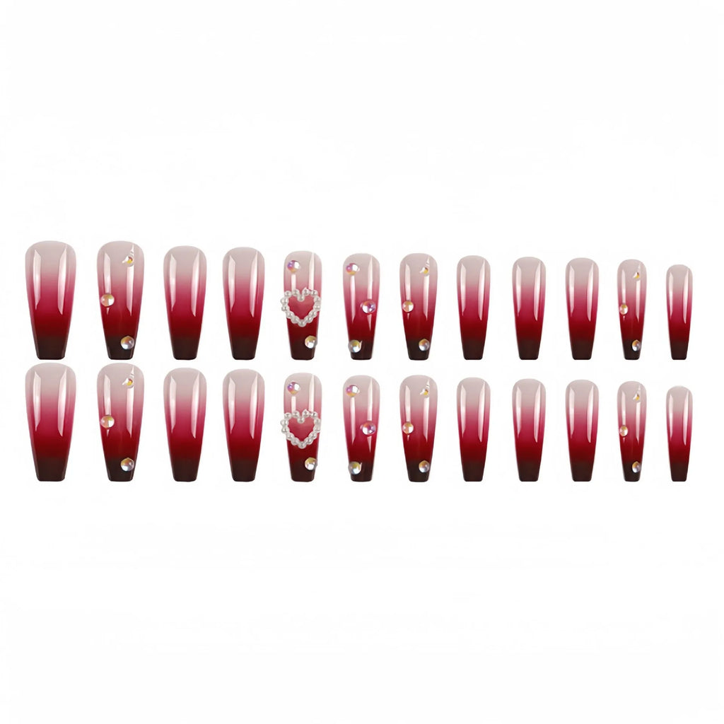 Wine red gradient fake nail tips with a pearl heart and plaid design in a long ballet shape.