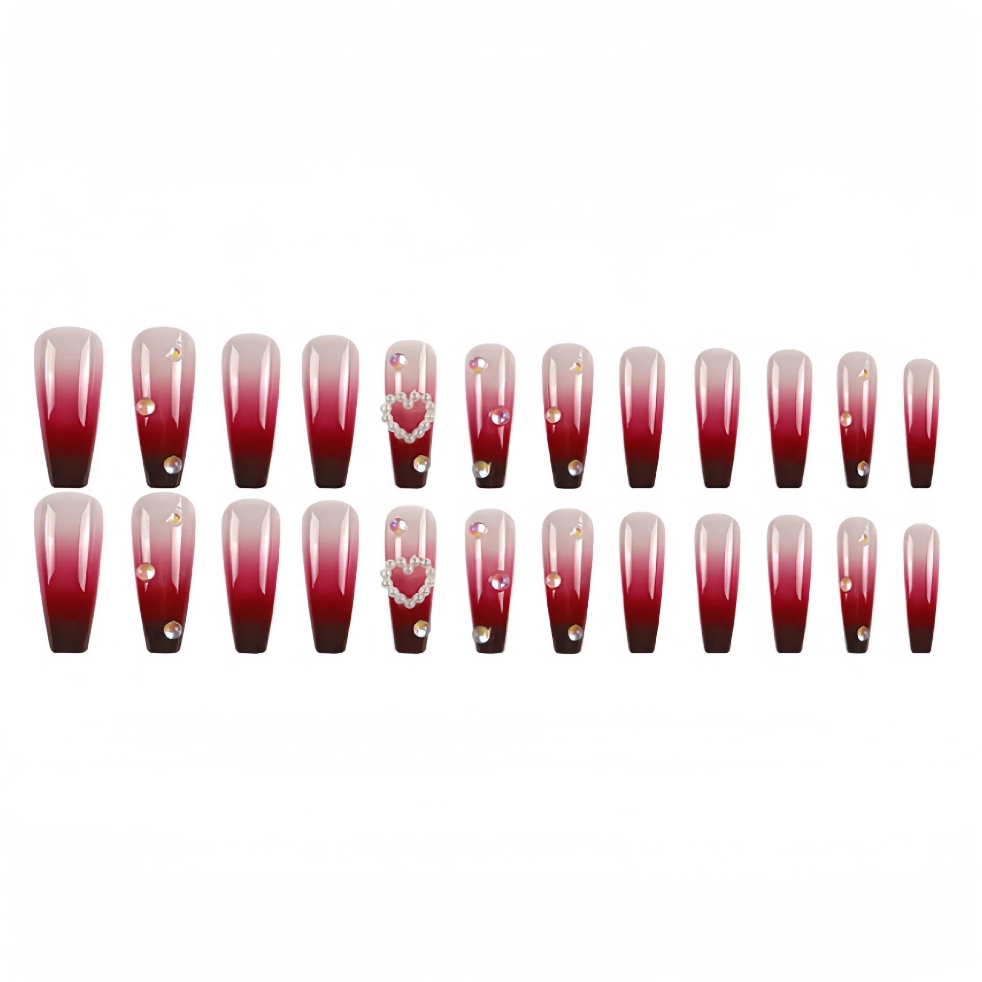 Wine red gradient fake nail tips with a pearl heart and plaid design in a long ballet shape.