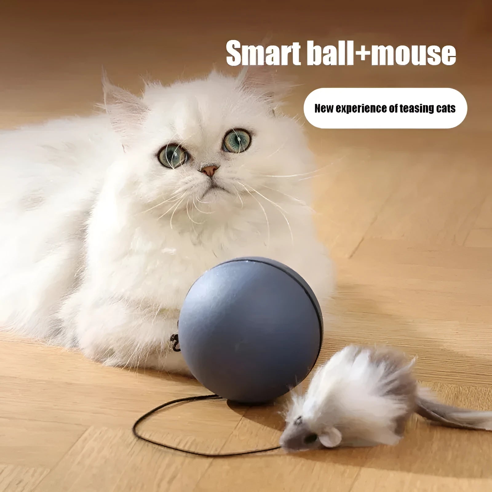 Automatic cat teasing ball toy with plush mouse attachment showing blue orange colour option
