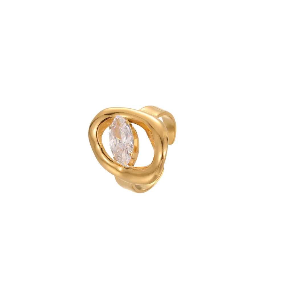 Geometric stainless steel open mouth ring with zircon detail and electroplated finish.