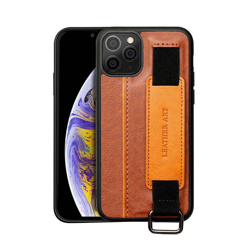 Brown imitation leather iPhone wallet case with a wrist strap, showing stripe detail and stitching.
