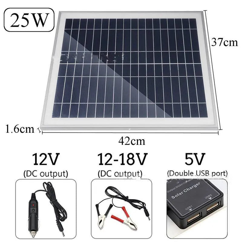 Polycrystalline silicon solar panel with dual USB ports for outdoor charging of mobile phones and tablets.