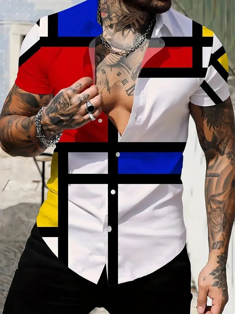 Men's slim fit short sleeve shirt featuring a geometric line print on the lapel.