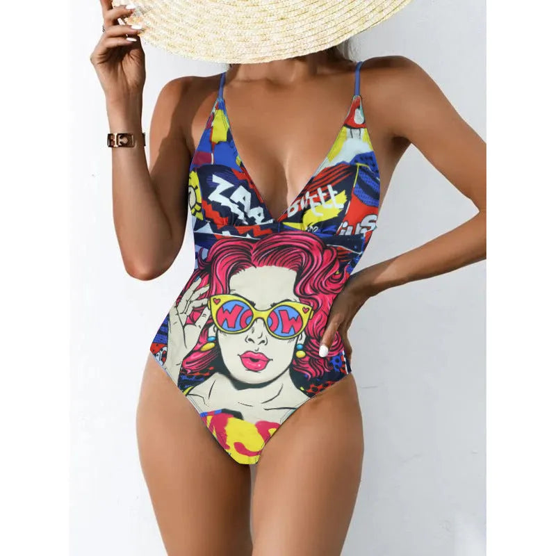 Women's plus size printed bikini swimsuit in solid colour with backless design and high elasticity construction