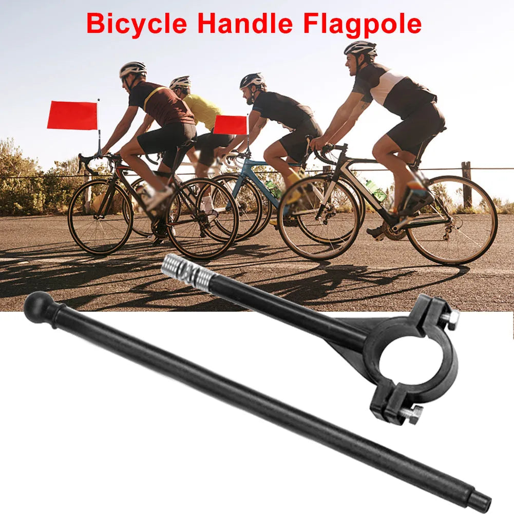Square polyester cycling flag on a plastic pole mounted to bicycle handlebars.