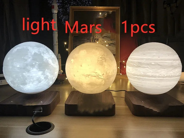 Magnetic levitation 3D moon night light, 14cm diameter, floating above a wooden base with touch switch.