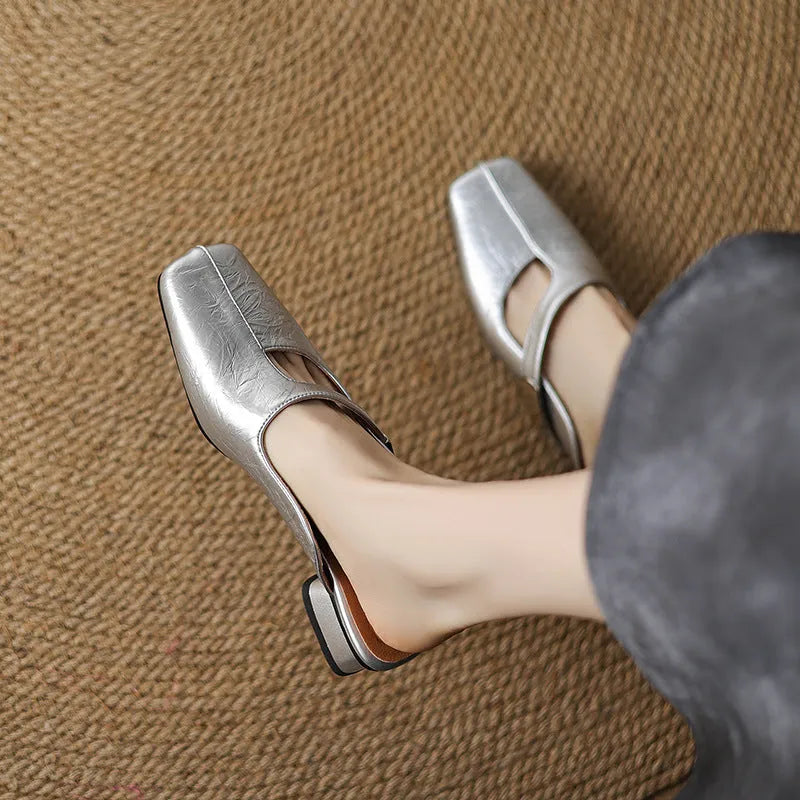 British style square toe outdoor slippers in artificial PU with rubber sole