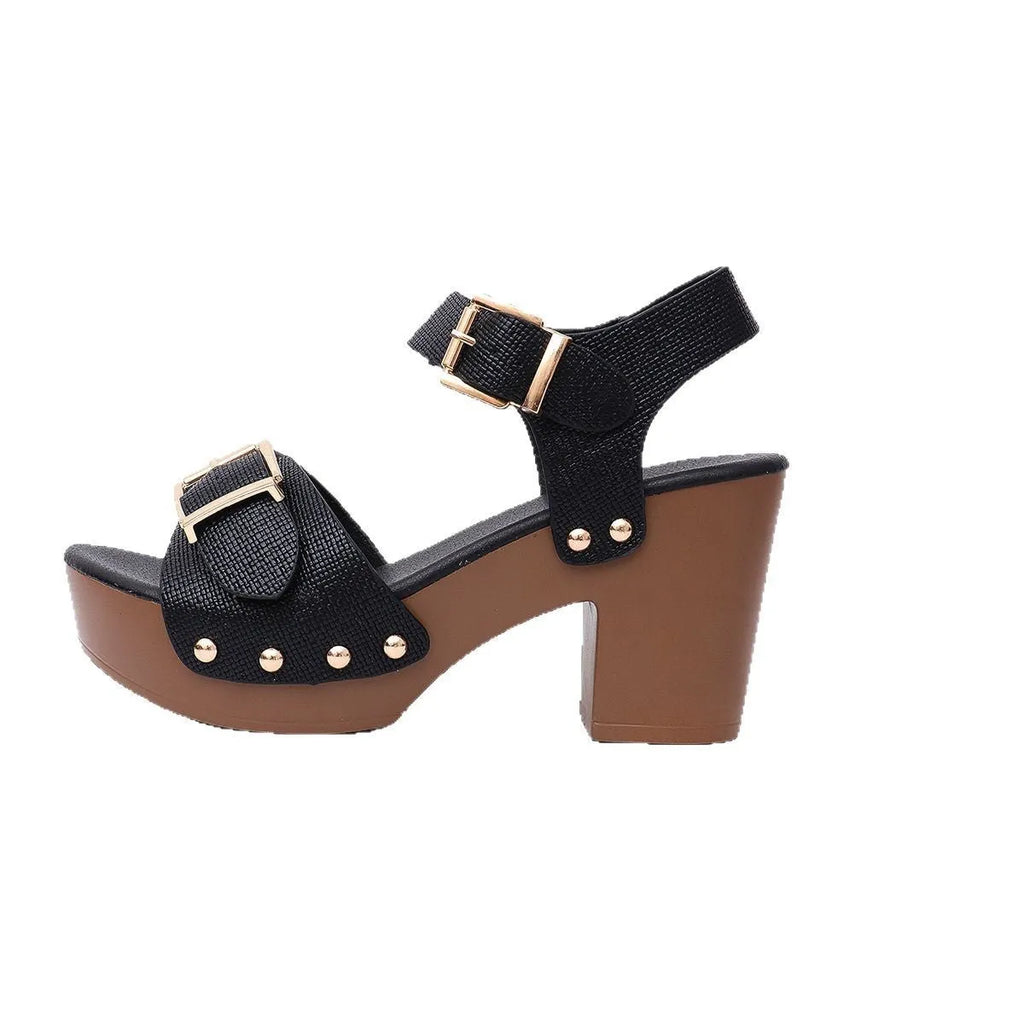 Beige plus size high heel sandals with a buckle fastener and fish mouth toe.