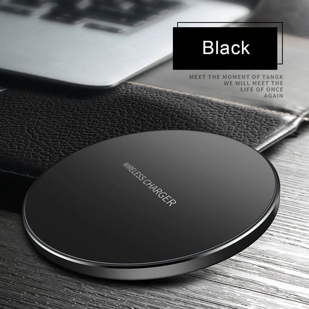 Black square ultra-thin wireless fast charging pad with 9V Qi support.