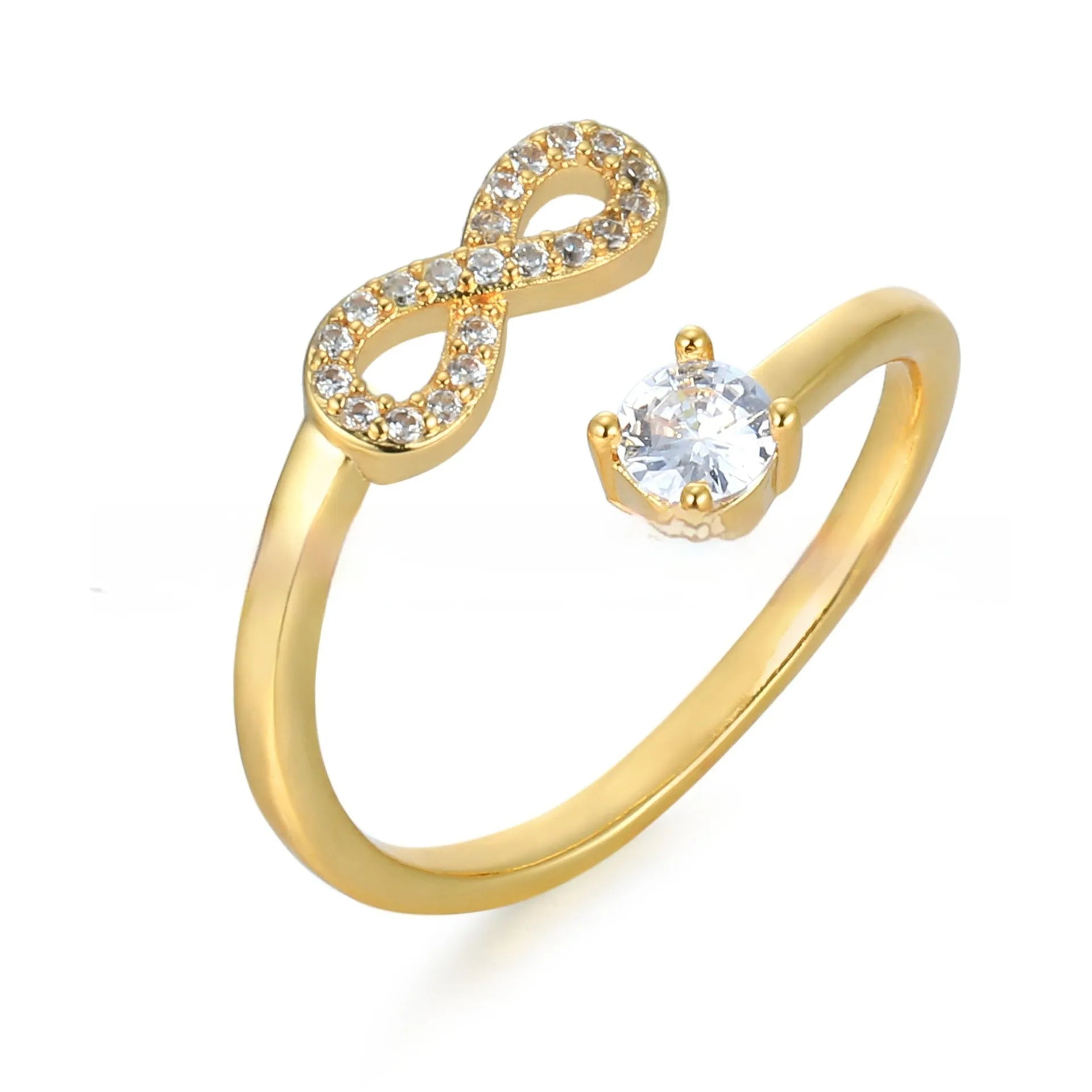 Open geometric metal ring with a centred zircon stone, displaying a personalised initial, in gold finish.