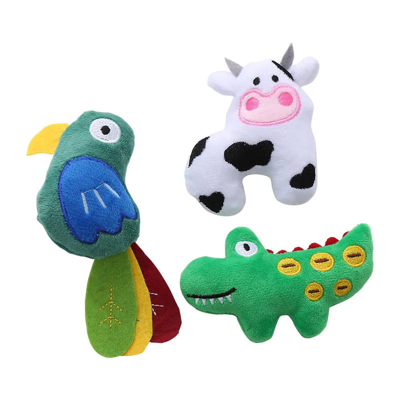 Cow-shaped plush cat toy with parrot design featuring soft fabric and cotton filling