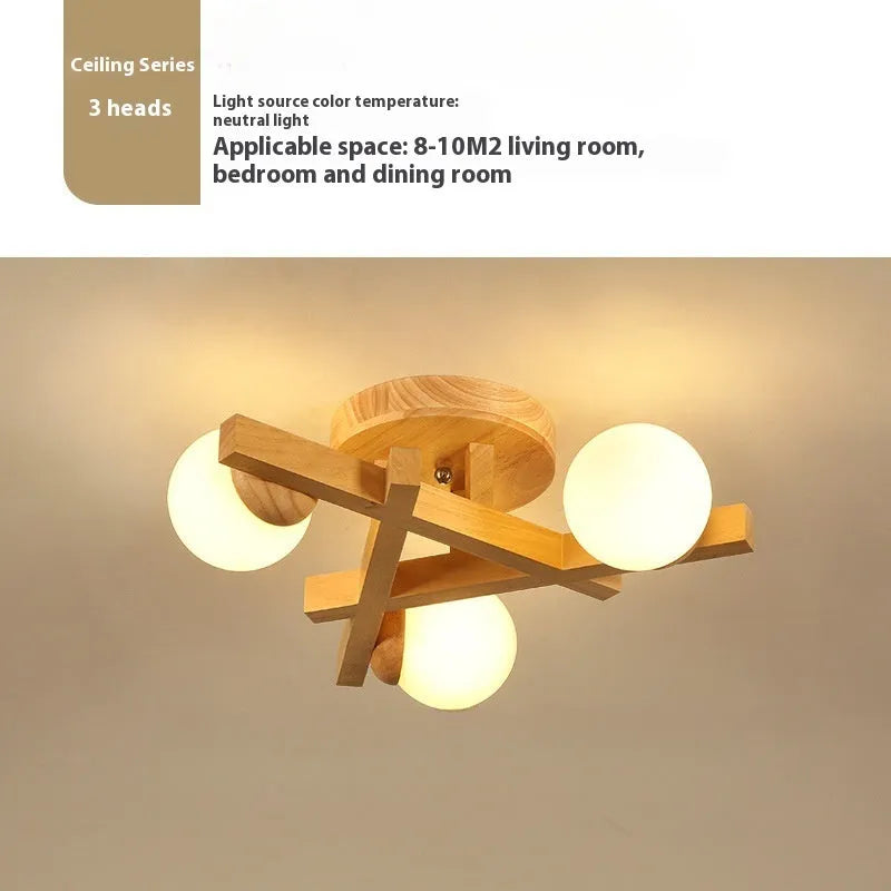 Wooden style Nordic ceiling light with three lamp heads for living room illumination