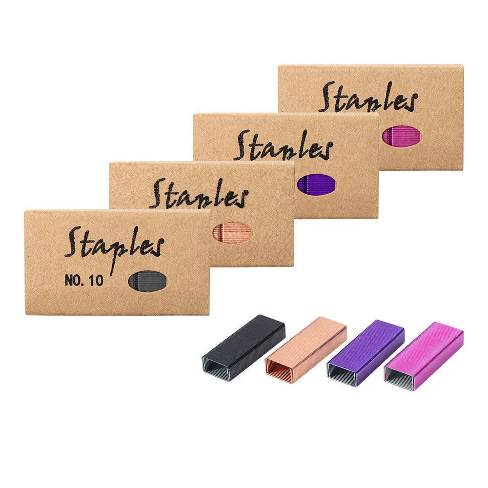 A box of 1000 metal office staples available in black, purple, rose gold, and rose red colours.