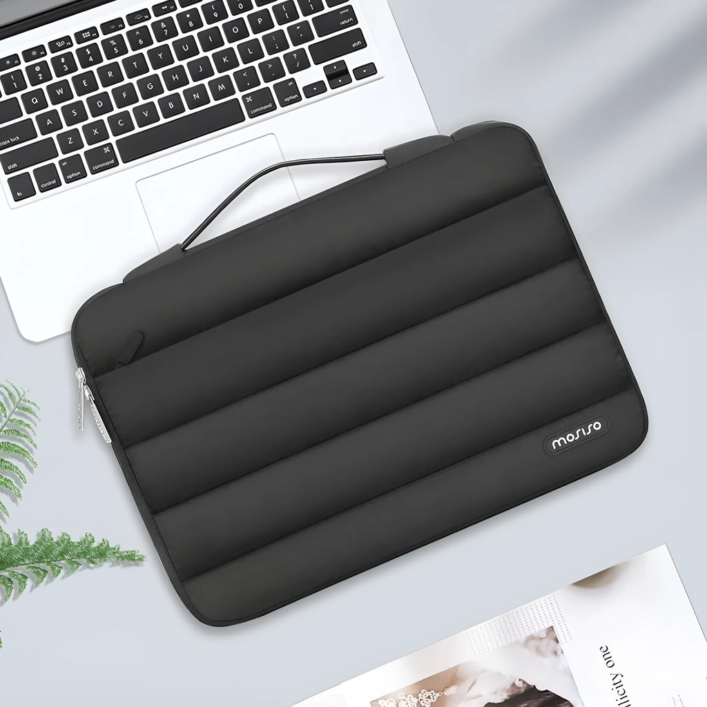 Cotton velvet laptop bag with plaid detail in black, shown next to a laptop