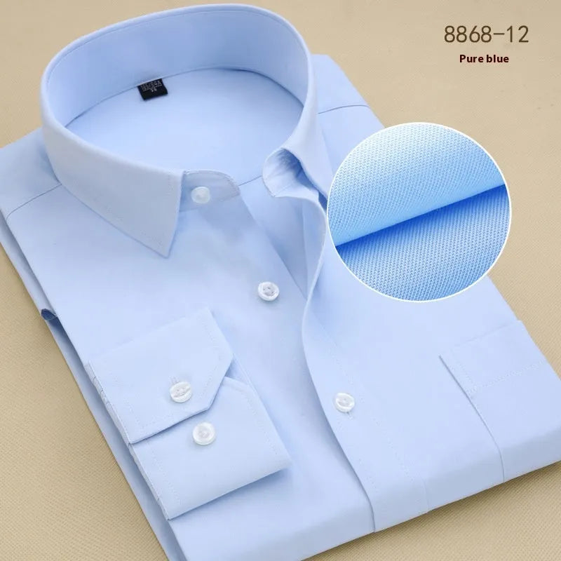 Men's black long sleeve business shirt with slim fit, shown on a hanger.