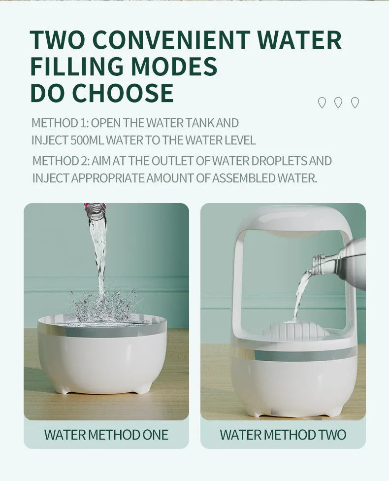 White anti-gravity humidifier with upward-flowing water droplets on dark surface