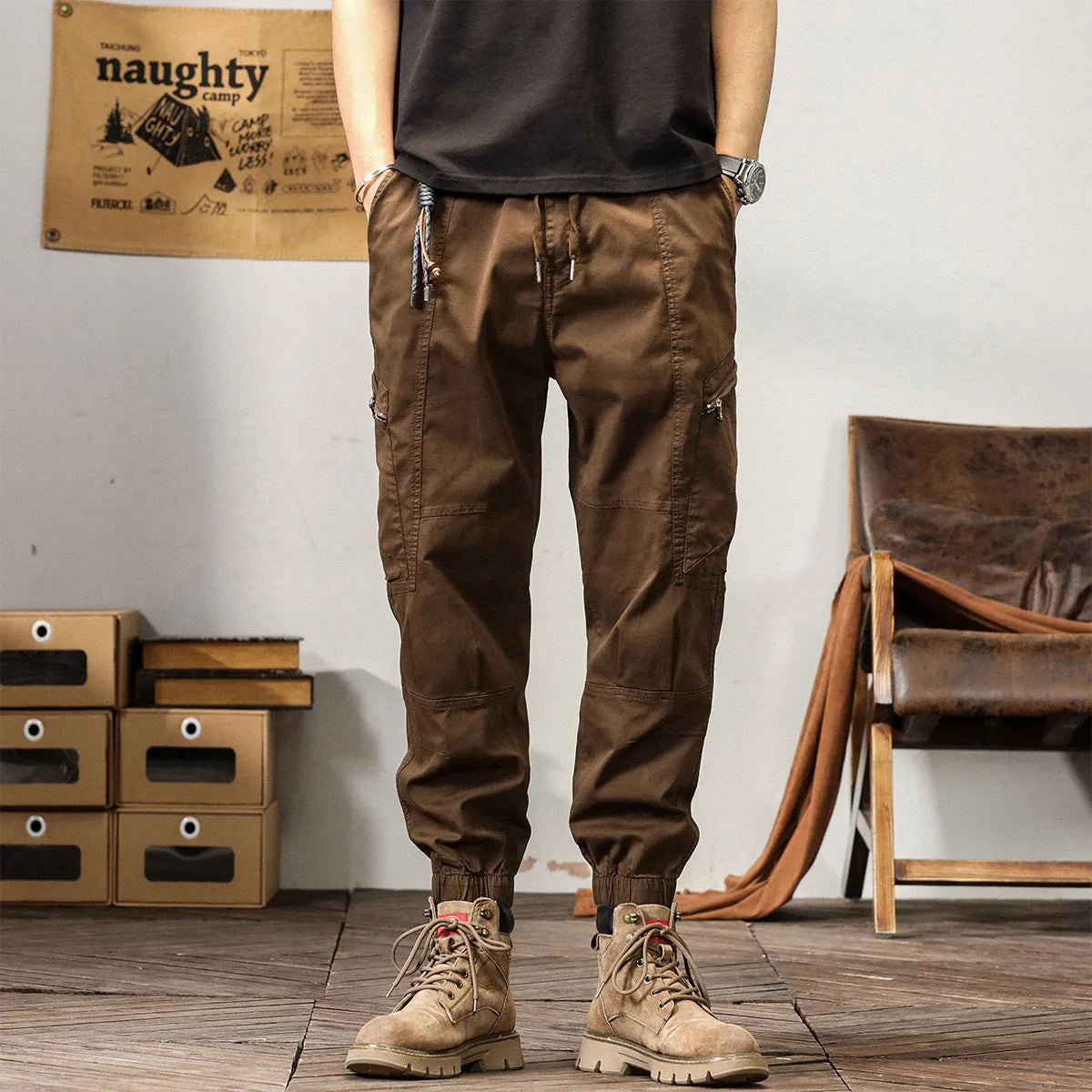 Men's cotton Korean style harem trousers with tapered legs in khaki colour