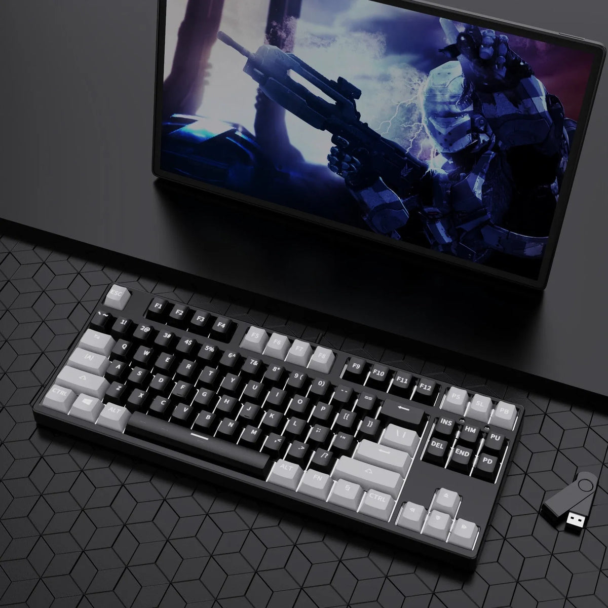 87-key wired mechanical keyboard with hot-swappable switches showing two-tone colour options
