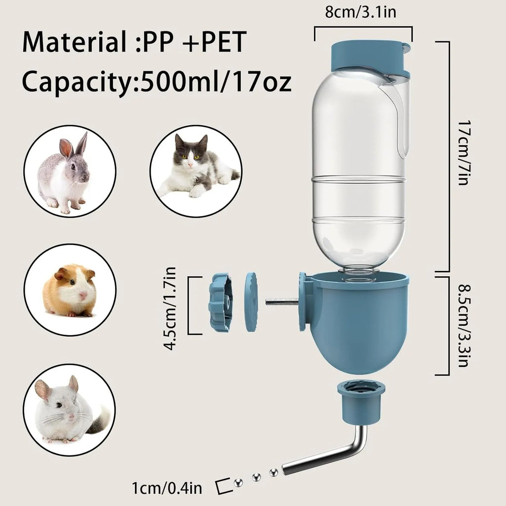 Blue small animal water bottle with rotatable nozzle shown attached to a cage.