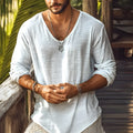 Beige men's slim-fit V-neck long-sleeved T-shirt made from hemp-blend fabric