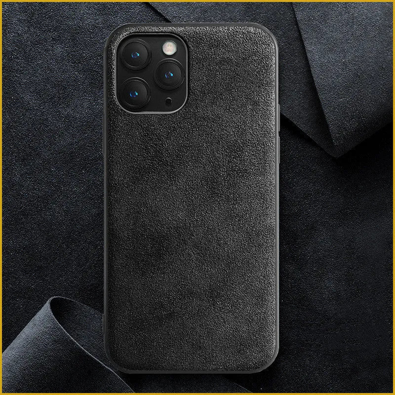 Suede iPhone case in dark blue showing full-coverage protection design with precise port cutouts