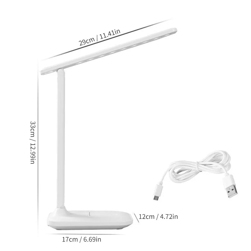 White plastic LED table lamp with touch dimming controls for bedside use