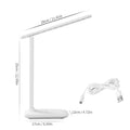 White plastic LED table lamp with touch dimming controls for bedside use