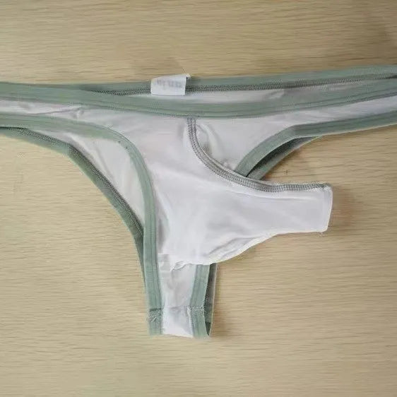 Men's ice silk briefs with elephant trunk pouch in seven colour options showing size tags