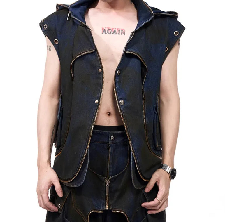 Blue hooded denim vest coat with matching trousers Korean style two-piece set