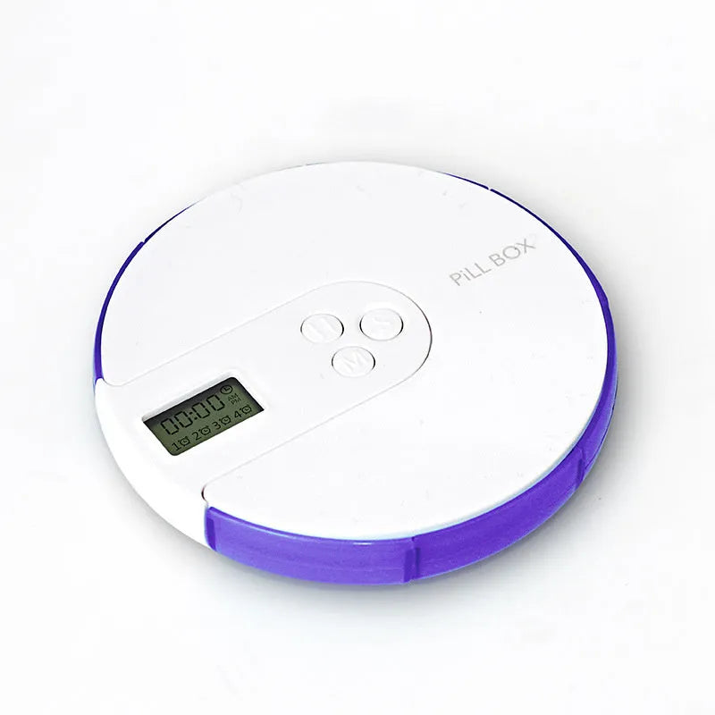 Blue 7-compartment alarm clock pill dispenser showing timer display and storage sections