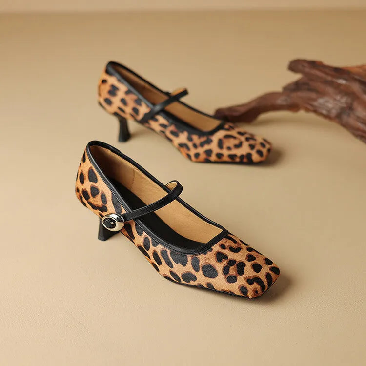 Women's black square toe stiletto ankle-strap shoes with horse hair upper and buckle closure