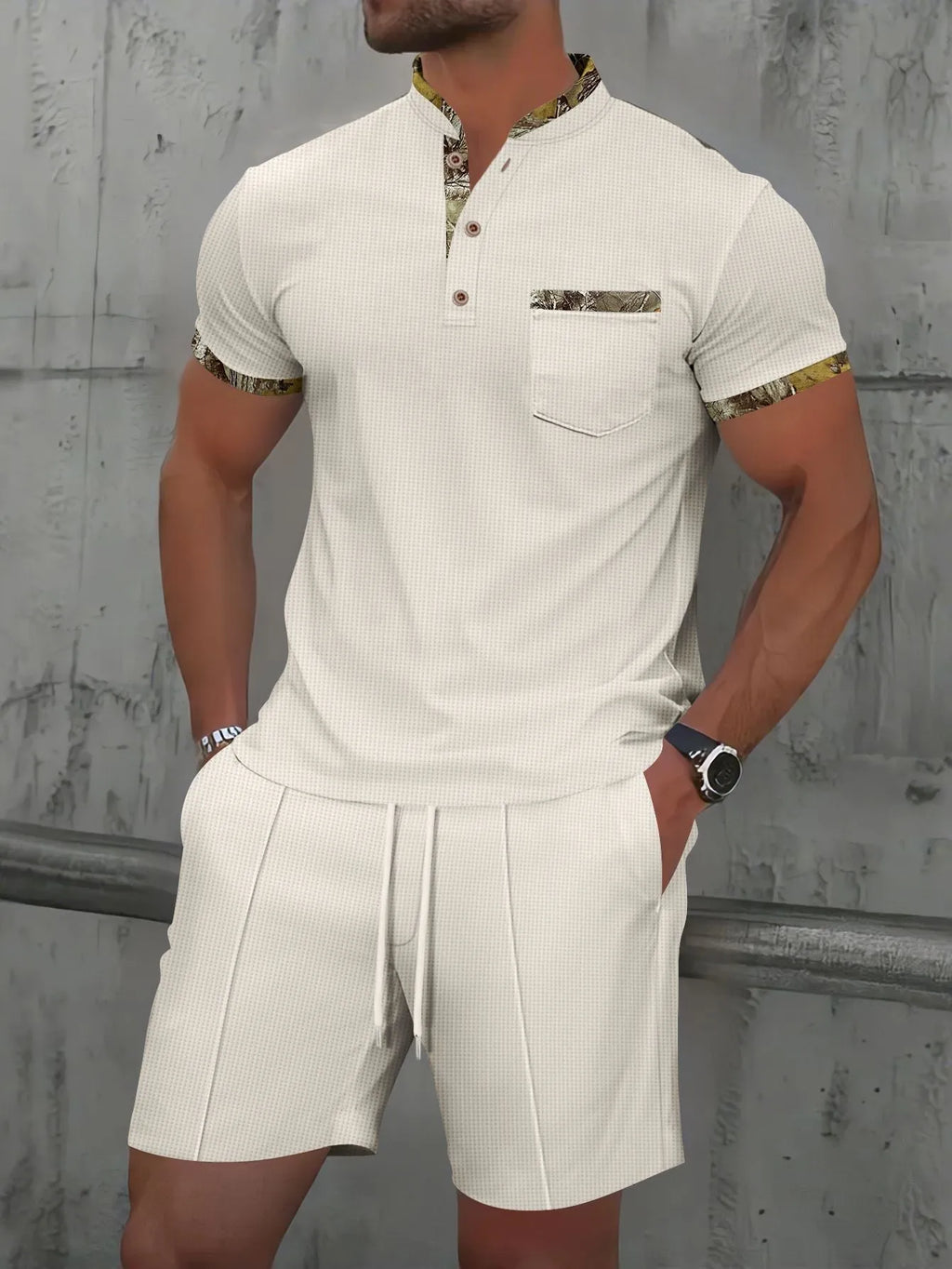 Men's grey waffle texture zipper polo short sleeve top with matching shorts laid flat