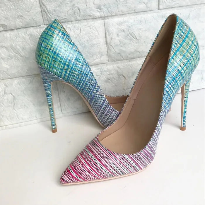 Ladies pink blue gradient patent leather pointed toe heels with sheepskin insole