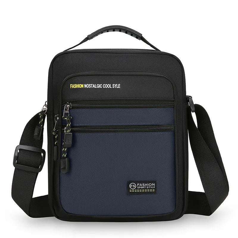 Men's nylon crossbody bag in green, shown with multiple pockets and adjustable shoulder strap.