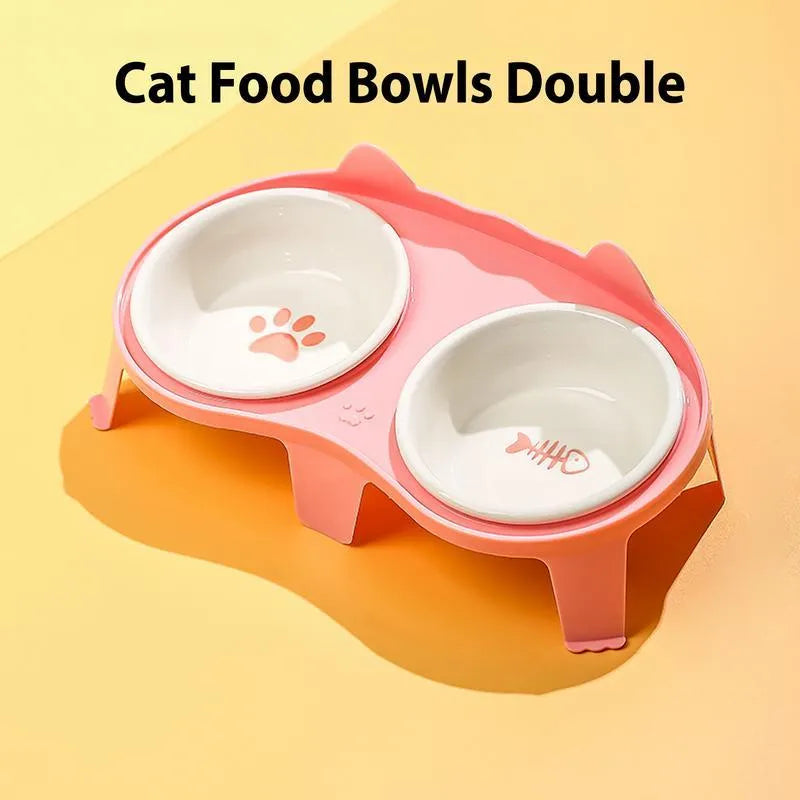 Ceramic cat bowl set on ABS stand with hook, in blue, pink, white or yellow